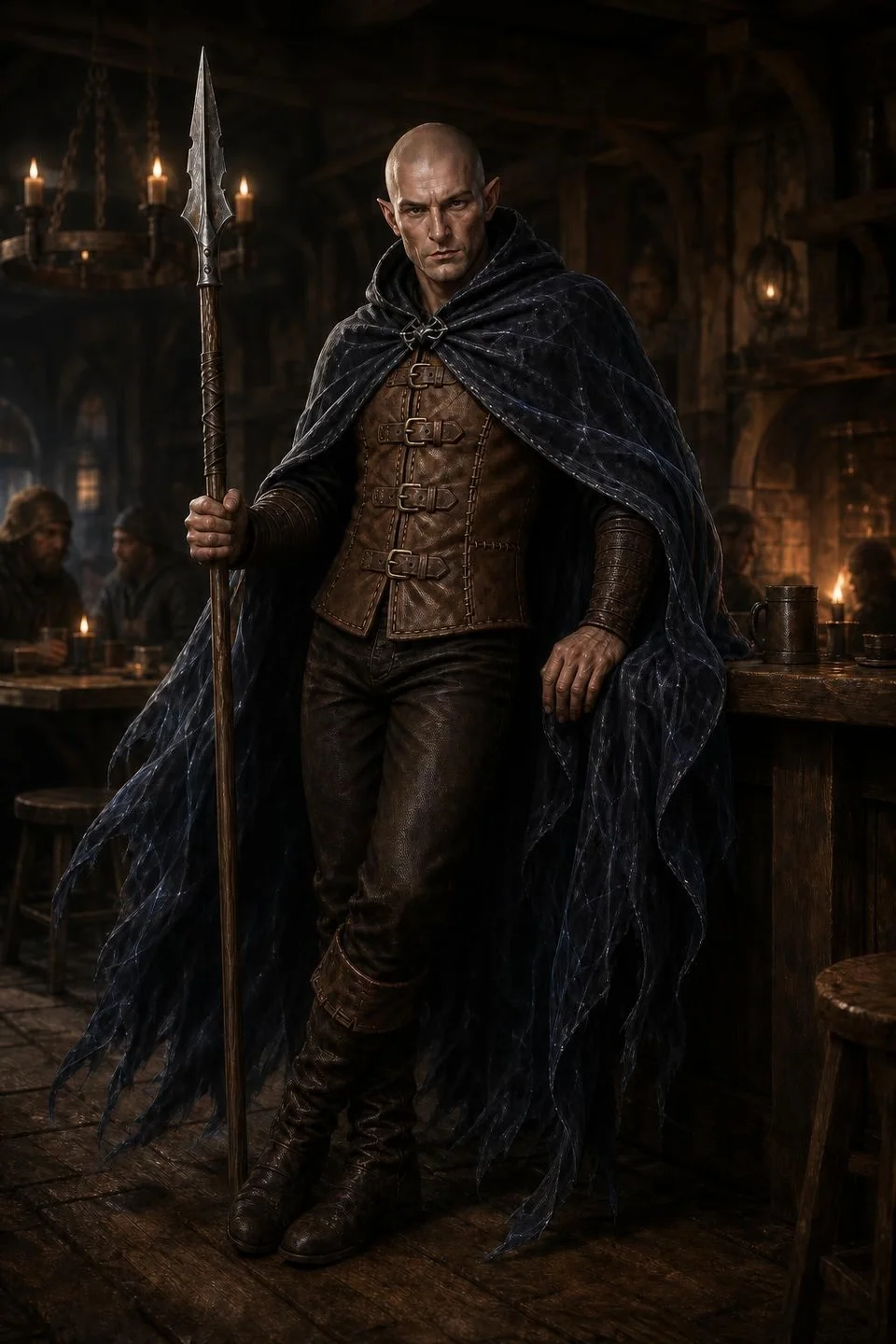 Character Builder: Elias stands in a tavern, bald and bareheaded, holding his spear
