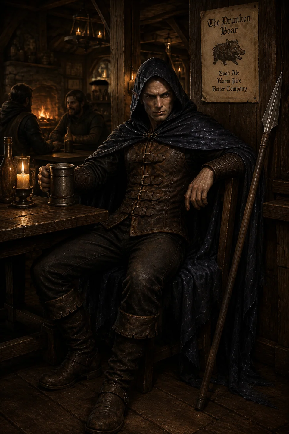 ChatGPT: Elias sits in a tavern with his hood up and spear nearby