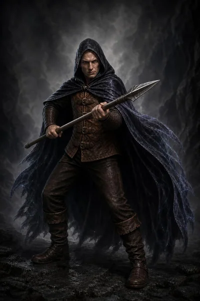 Original Elias with a dark hood, blue cloak, leather armor and spear