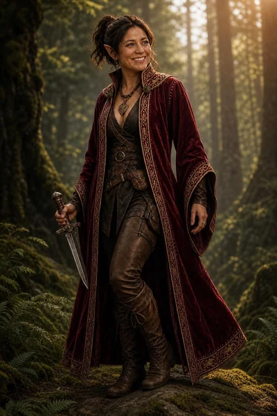 The same example character in burgundy noble robes with gold trim