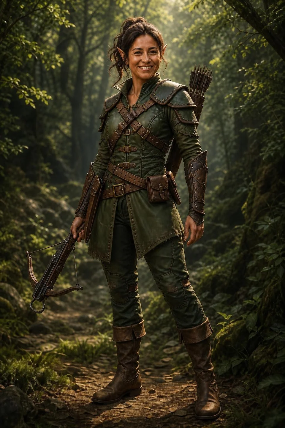 The example character wearing green Ranger’s Garb and carrying a crossbow