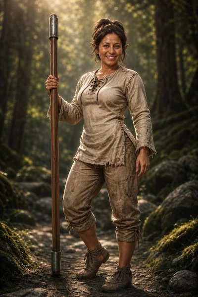 The example character in a peasant’s outfit, holding a quarterstaff