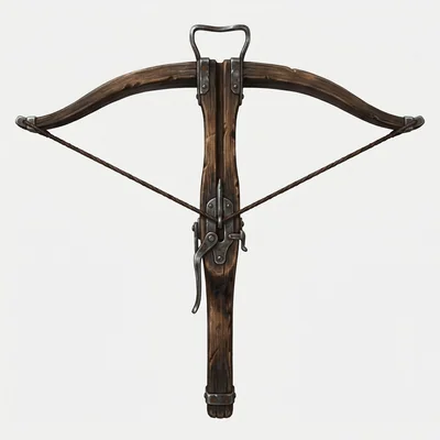 Light crossbow reference with a curved wooden bow, dark metal fittings, and a rope bowstring