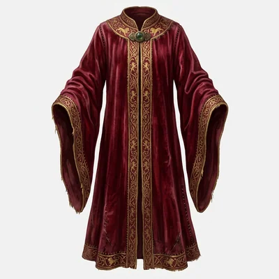 Burgundy noble robes reference with wide sleeves, ornate gold trim, and a green neck clasp