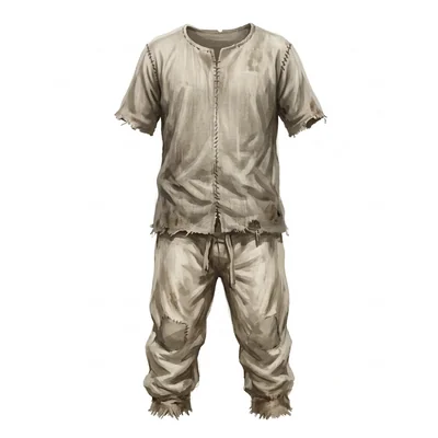 Light beige peasant’s outfit reference with a short-sleeved shirt, trousers, and frayed hems
