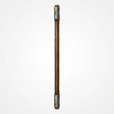 Wooden quarterstaff reference with metal caps at both ends