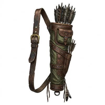Green and brown quiver reference with leather straps, metal rivets, and feathered arrows