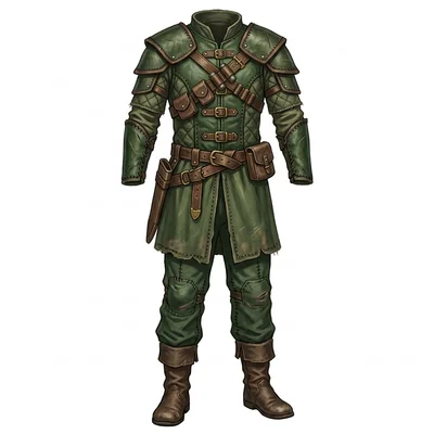 Green ranger’s garb reference with layered shoulder armor, leather straps, a belt, and tall boots